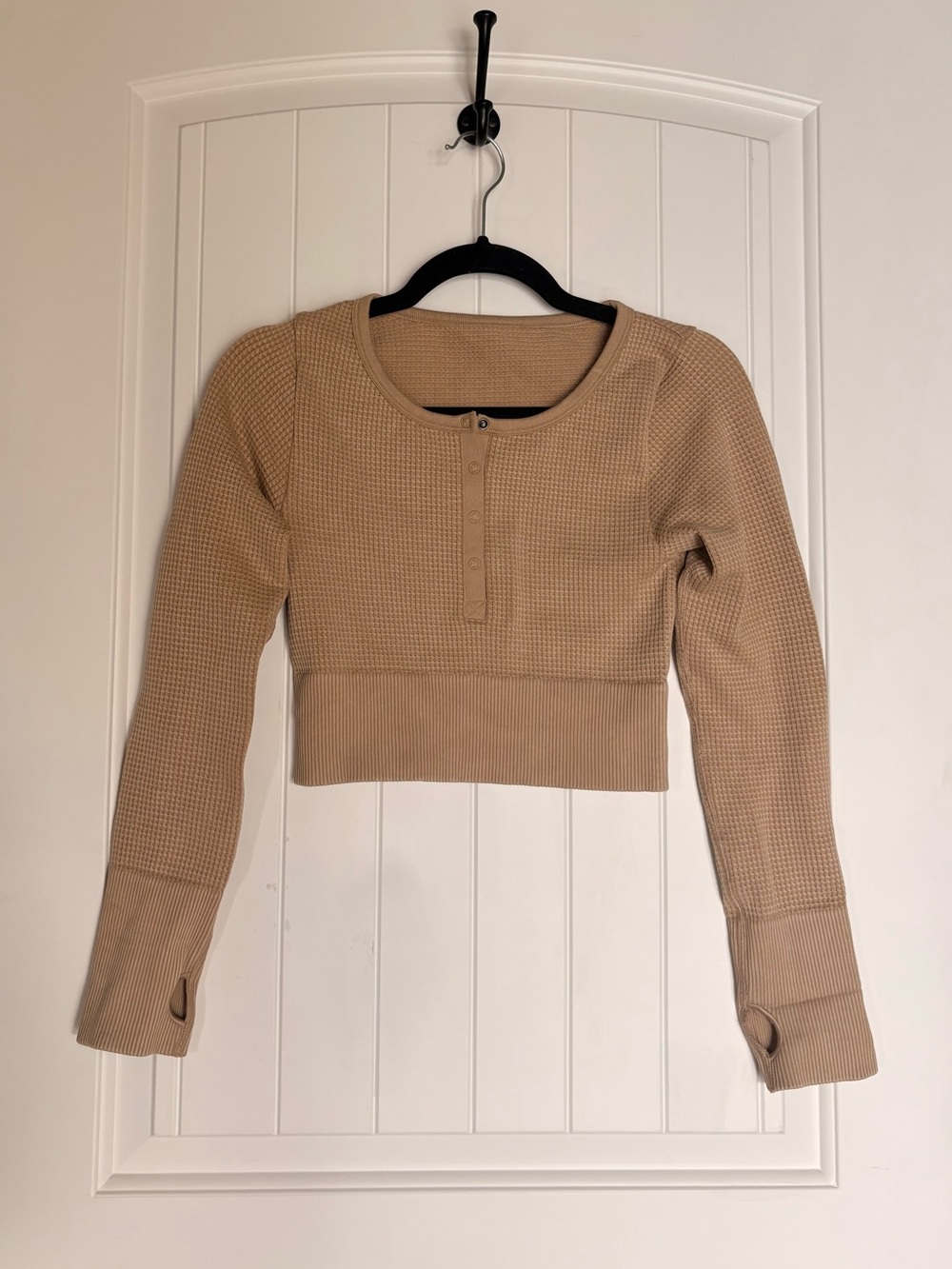 Waffle-Knit Long Sleeve Crop Top - Beige